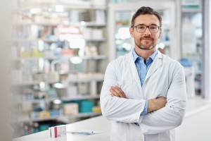Pharmacist standing behind pharmacy counter